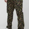 boohooMAN Plus Washed Ripstop Stacked Zip Hem Camo Cargo Trousers | Trousers