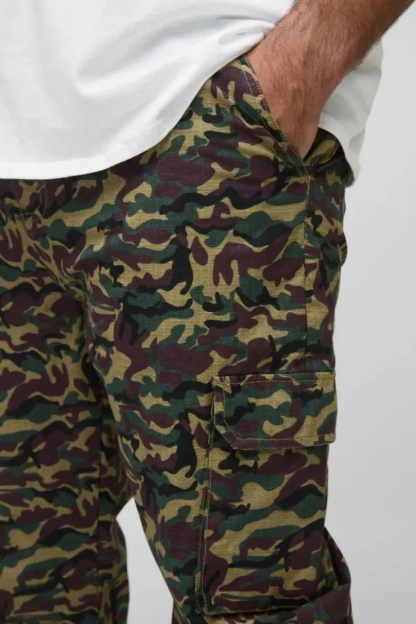 boohooMAN Plus Washed Ripstop Stacked Zip Hem Camo Cargo Trousers | Trousers