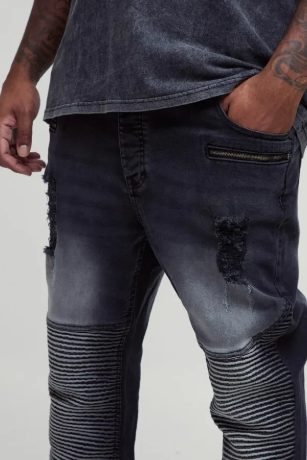 boohooMAN Plus Washed Zip Biker Distressed Skinny Jeans | Jeans