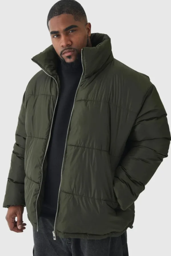 boohooMAN Plus Worldwide Applique Funnel Neck Puffer Jacket In | Man | Coats & Jackets