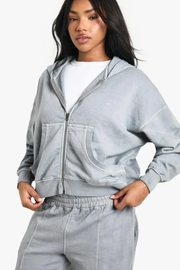 boohoo Premium Heavyweight Overdyed Zip Through Hoodie | Women Shirts | Foundation