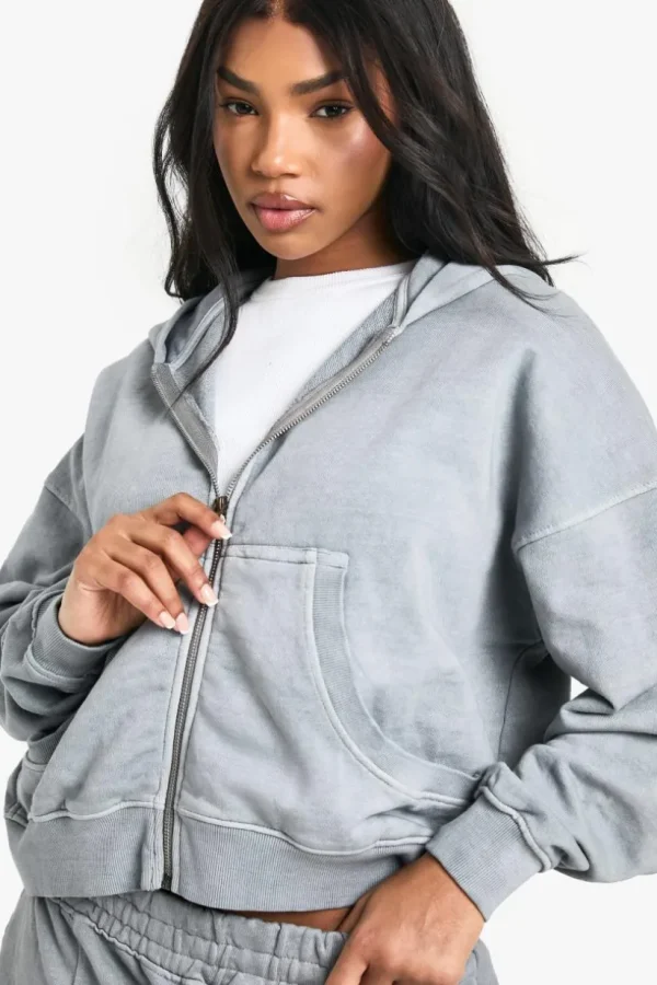 boohoo Premium Heavyweight Overdyed Zip Through Hoodie | Women Shirts | Foundation