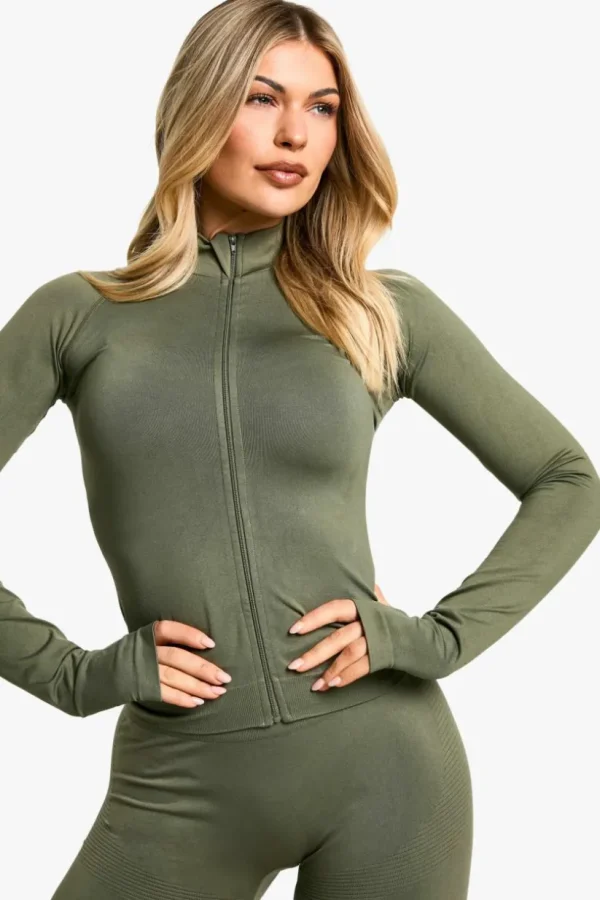 boohoo Premium Sculpt Seamless Zip Through Sports Jacket | Women Shirts | Foundation