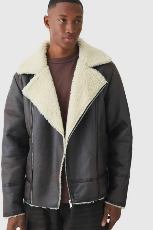 boohooMAN PU Borg Collar Aviator Jacket In | Man | Coats & Jackets