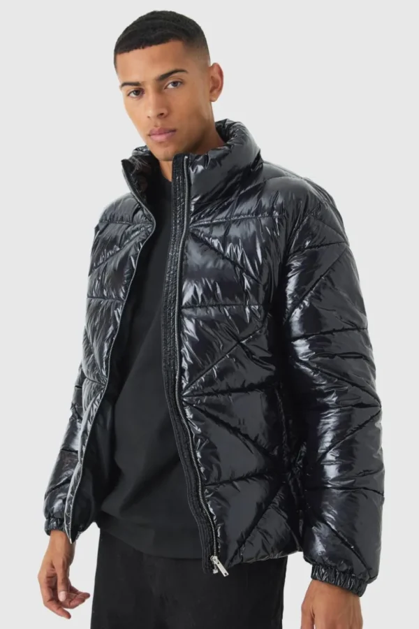 boohooMAN Quilted High Shine Vinyl Funnel Neck Puffer In | Man | Coats & Jackets