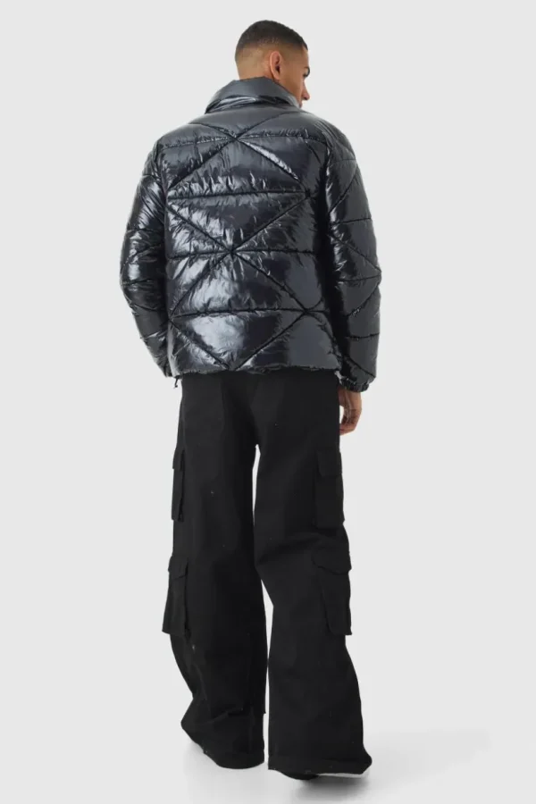 boohooMAN Quilted High Shine Vinyl Funnel Neck Puffer In | Man | Coats & Jackets