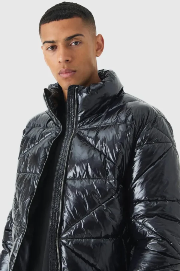 boohooMAN Quilted High Shine Vinyl Funnel Neck Puffer In | Man | Coats & Jackets