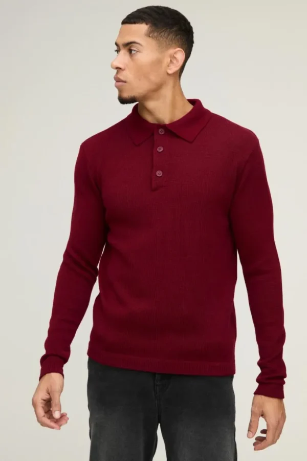 boohooMAN Regular Button Neck Long Sleeve Knitted Polo | Going Out Polo Shirts | Knitwear