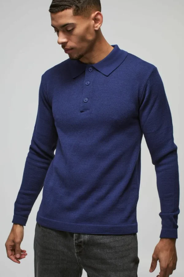 boohooMAN Regular Button Neck Long Sleeve Knitted Polo | Going Out Polo Shirts | Knitwear