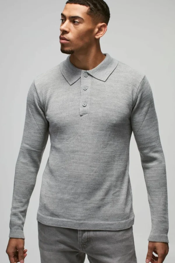 boohooMAN Regular Button Neck Long Sleeve Knitted Polo | Going Out Polo Shirts | Knitwear