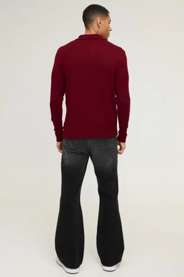 boohooMAN Regular Button Neck Long Sleeve Knitted Polo | Going Out Polo Shirts | Knitwear