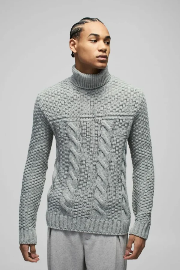 boohooMAN Regular Cable Knit Panel Roll Neck Knitted Jumper | Knitwear | Going Out Knitwear