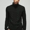 boohooMAN Regular Cable Knit Panel Roll Neck Knitted Jumper | Knitwear | Going Out Knitwear