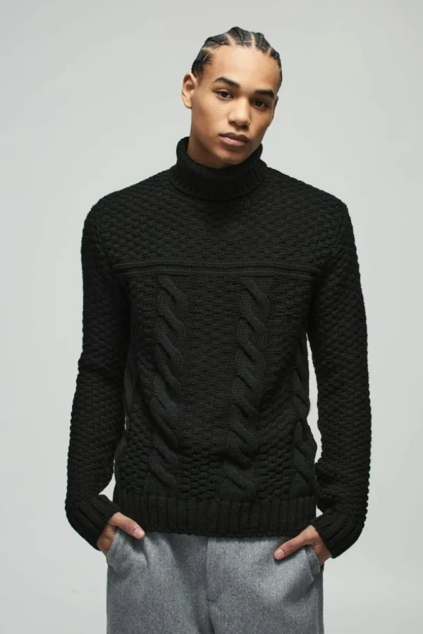 boohooMAN Regular Cable Knit Panel Roll Neck Knitted Jumper | Knitwear | Going Out Knitwear