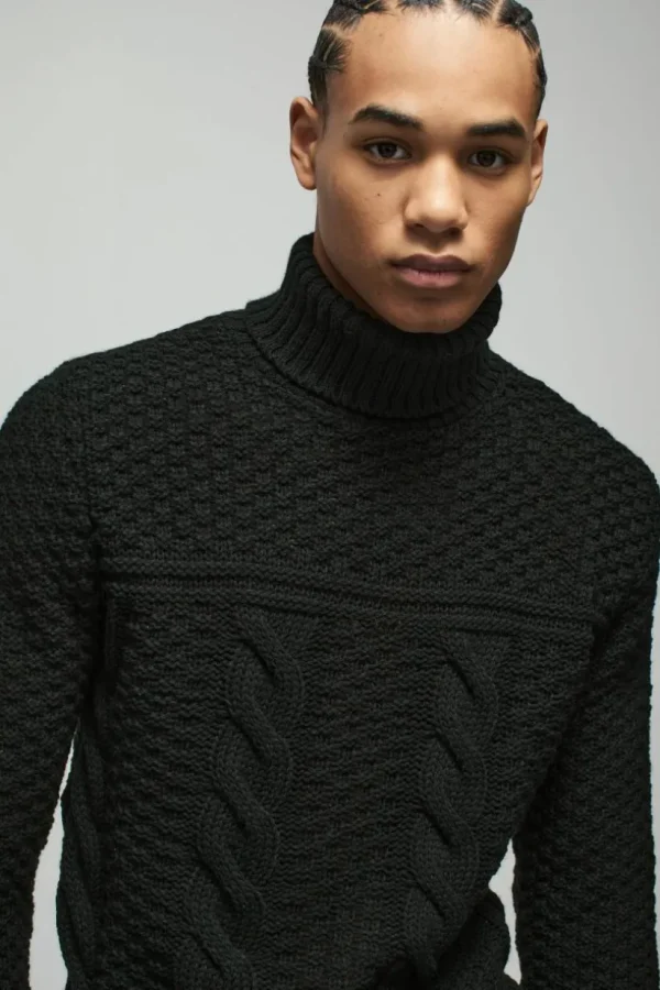 boohooMAN Regular Cable Knit Panel Roll Neck Knitted Jumper | Knitwear | Going Out Knitwear