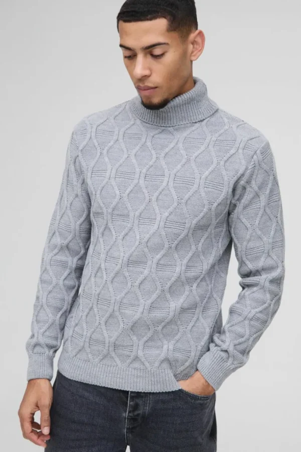 boohooMAN Regular Cable Knit Roll Neck Knitted Jumper | Knitwear | Going Out Knitwear