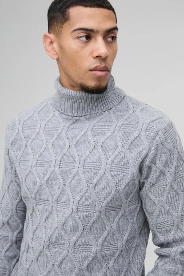 boohooMAN Regular Cable Knit Roll Neck Knitted Jumper | Knitwear | Going Out Knitwear