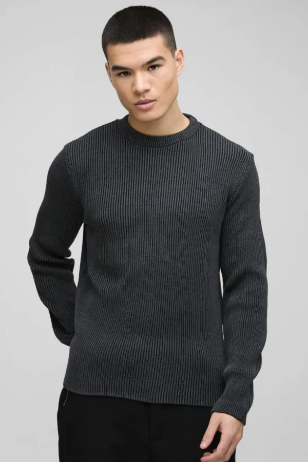 boohooMAN Regular Crew Neck Plated Ribbed Knit Jumper | Going Out | Knitwear