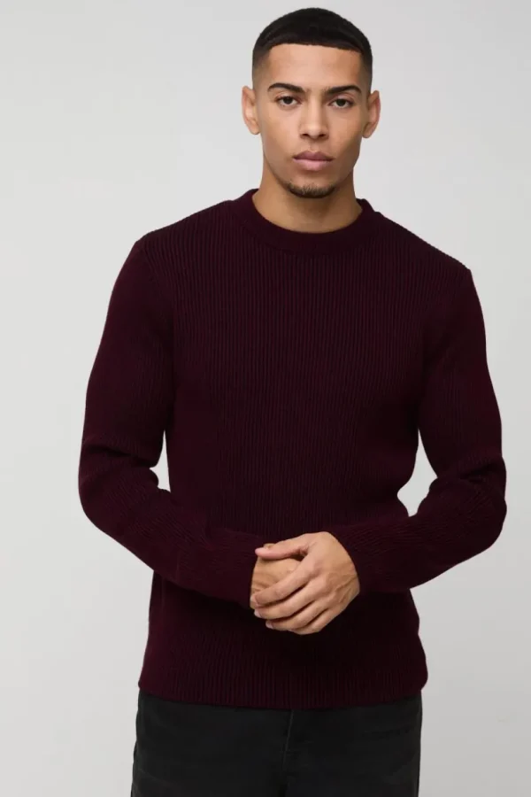 boohooMAN Regular Crew Neck Plated Ribbed Knit Jumper | Knitwear | Going Out Knitwear