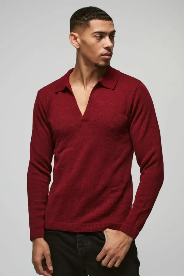 boohooMAN Regular Deep V Revere Collar Knitted Long Sleeve Polo | Going Out Polo Shirts | Knitwear