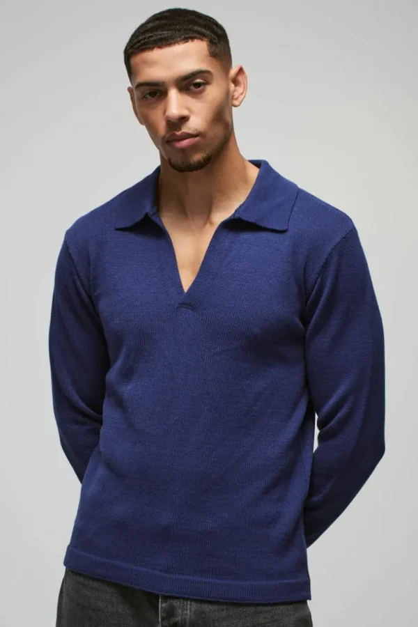 boohooMAN Regular Deep V Revere Collar Knitted Long Sleeve Polo | Going Out Polo Shirts | Knitwear