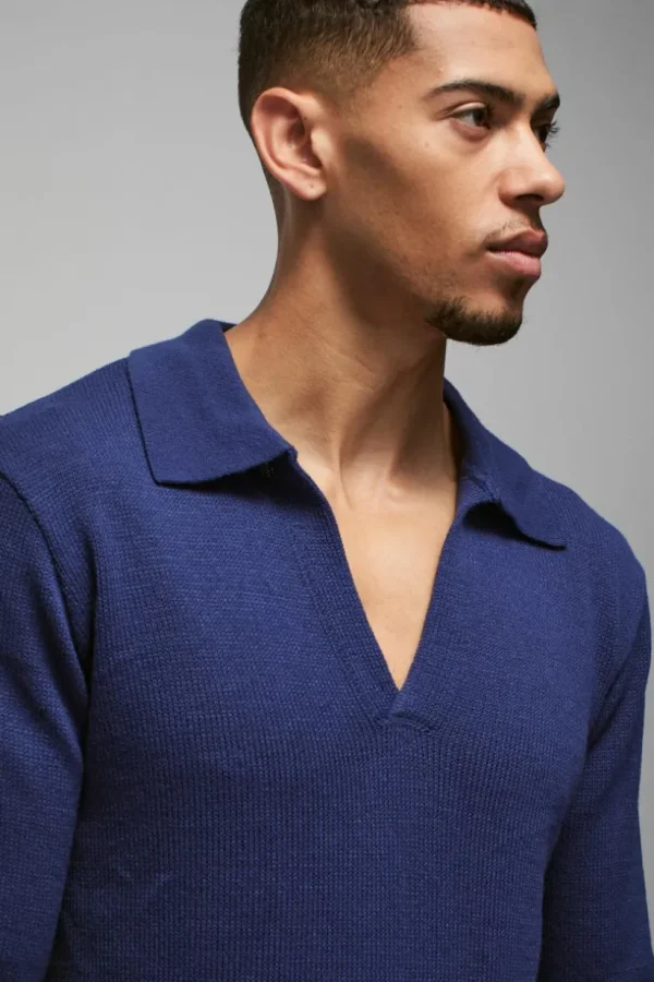 boohooMAN Regular Deep V Revere Collar Knitted Long Sleeve Polo | Going Out Polo Shirts | Knitwear