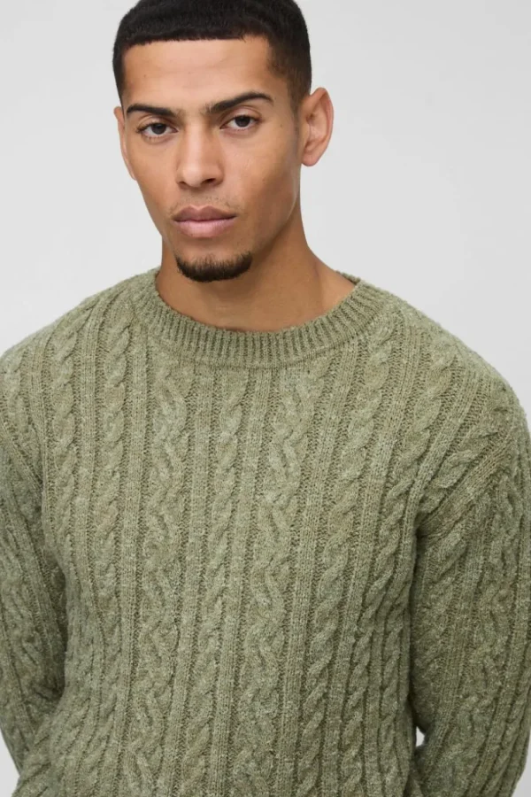 boohooMAN Regular Fit Boucle Cable Knit Crew Neck Jumper | Knitwear | Going Out Knitwear