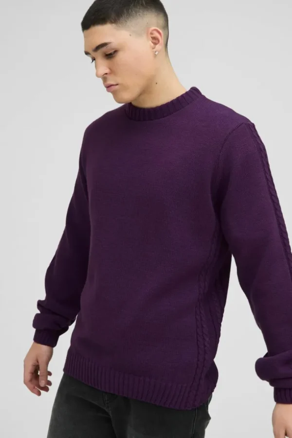 boohooMAN Regular Fit Cable Knit Seam and Hem Jumper | Knitwear | Going Out Knitwear