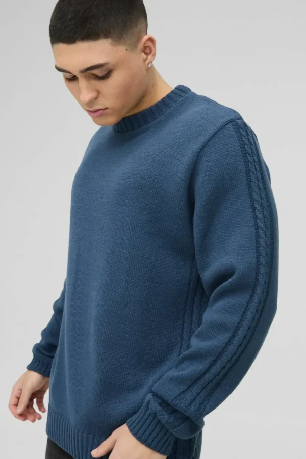 boohooMAN Regular Fit Cable Knit Seam and Hem Jumper | Knitwear | Going Out Knitwear