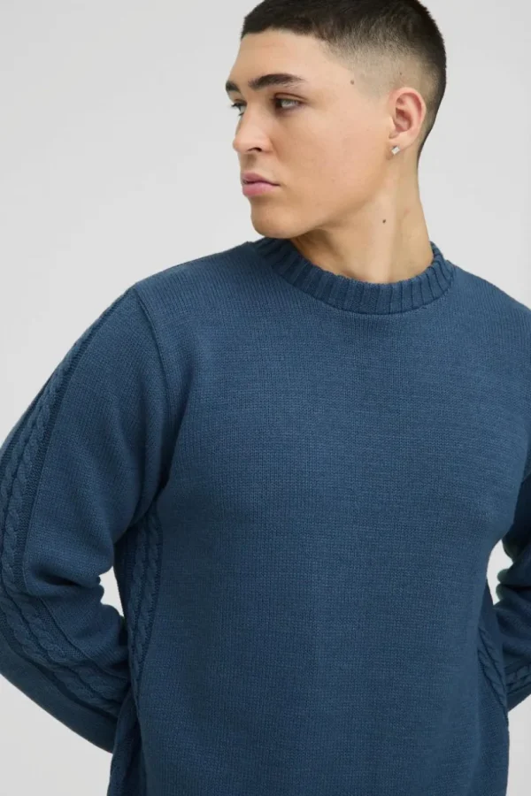 boohooMAN Regular Fit Cable Knit Seam and Hem Jumper | Knitwear | Going Out Knitwear