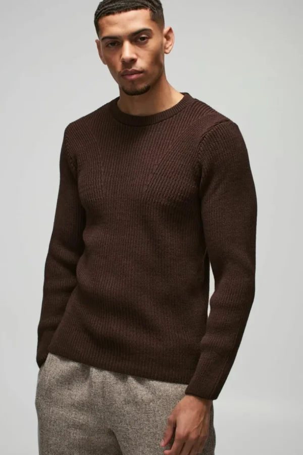 boohooMAN Regular Fit Crew Neck Ribbed Panelled Knitted Jumper | Knitwear | Going Out Knitwear