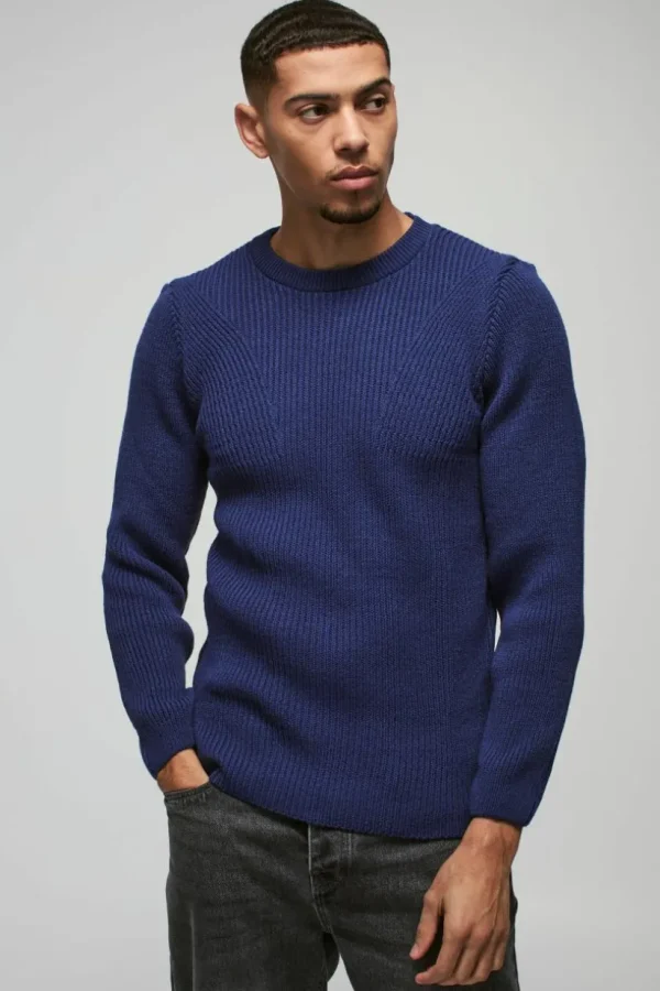 boohooMAN Regular Fit Crew Neck Ribbed Panelled Knitted Jumper | Knitwear | Going Out Knitwear