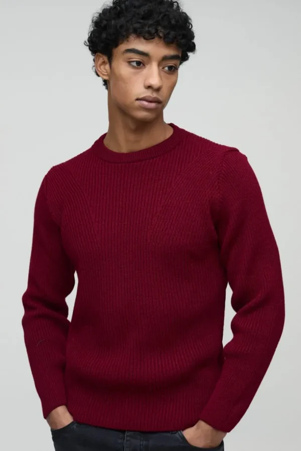 boohooMAN Regular Fit Crew Neck Ribbed Panelled Knitted Jumper | Knitwear | Going Out Knitwear