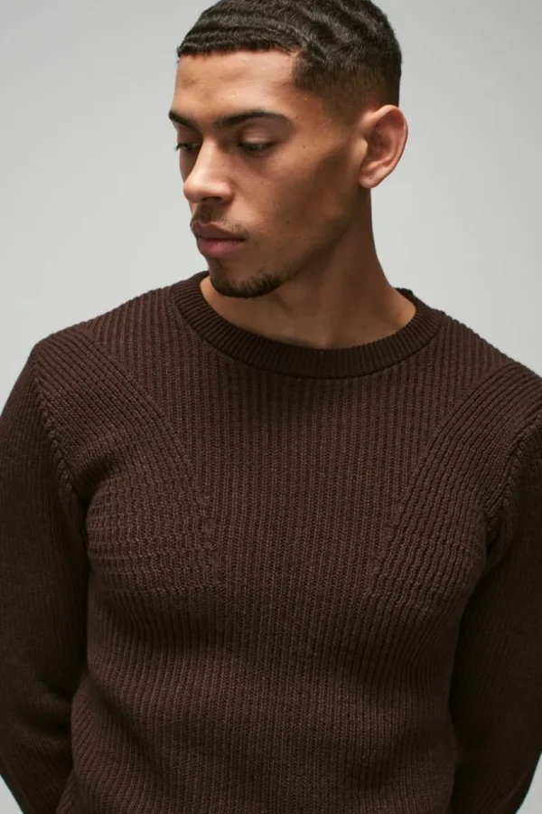 boohooMAN Regular Fit Crew Neck Ribbed Panelled Knitted Jumper | Knitwear | Going Out Knitwear