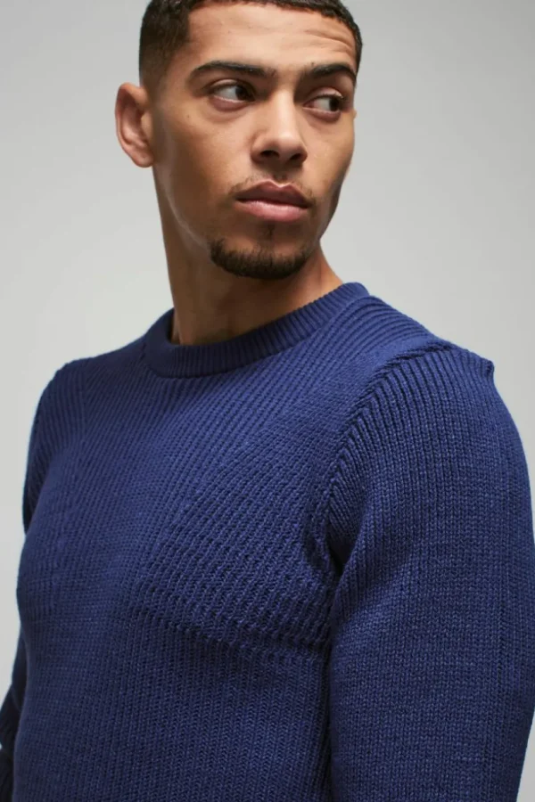 boohooMAN Regular Fit Crew Neck Ribbed Panelled Knitted Jumper | Knitwear | Going Out Knitwear