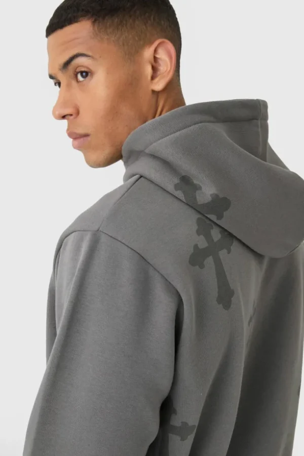 boohooMAN Regular Fit Cross Printed Hooded Tracksuit | Tracksuits