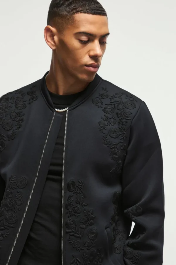 boohooMAN Regular Fit Floral Embroidered Scuba Bomber Jacket | Coats & Jackets