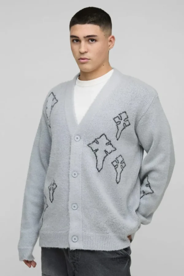 boohooMAN Regular Fit Fluffy Cross Knitted Cardigan | Knitwear | Going Out Knitwear