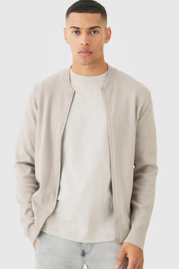 boohooMAN Regular Fit Knitted Bomber Jacket | Knitwear | Going Out Knitwear