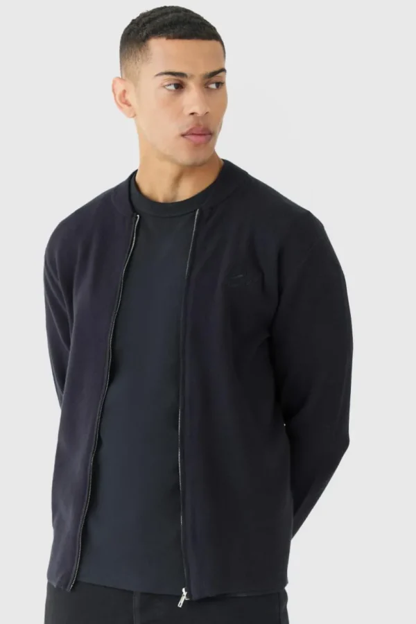 boohooMAN Regular Fit Man Branded Knitted Bomber Jacket | Knitwear | Going Out Knitwear