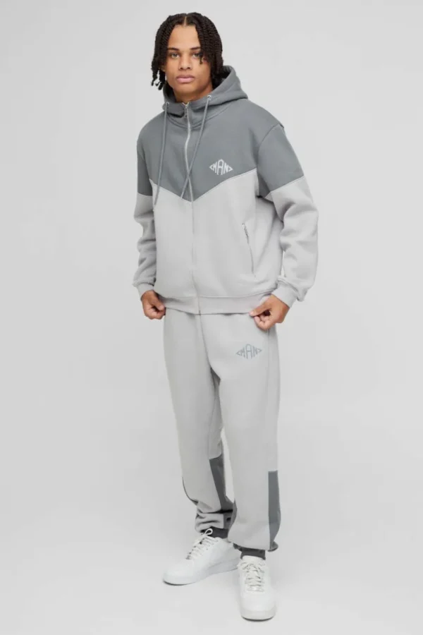 boohooMAN Regular Fit Man Diamond Colour Block Zip Through Hooded Tracksuit | Tracksuits