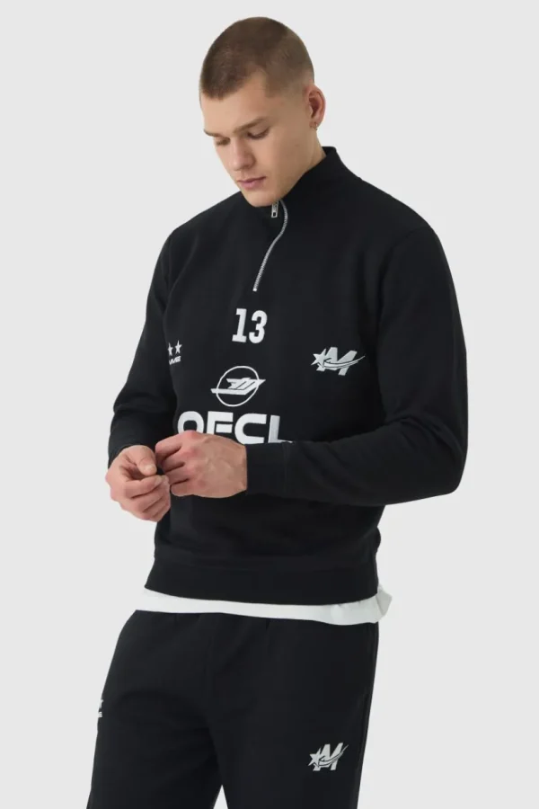 boohooMAN Regular Fit OFCL Embroidered Funnel Neck Tracksuit | Tracksuits