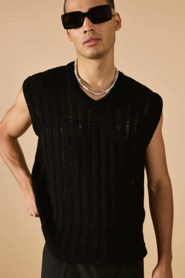 boohooMAN Regular Fit Open Stitch Vest In | Knitwear | Going Out Knitwear