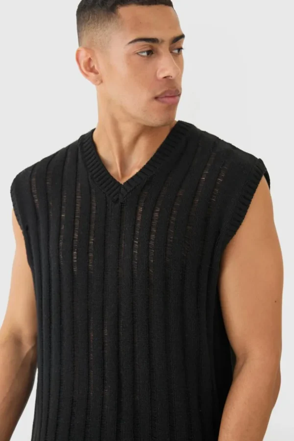 boohooMAN Regular Fit Open Stitch Vest In | Knitwear | Going Out Knitwear