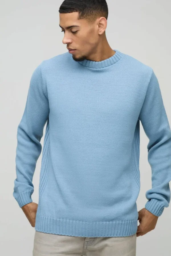 boohooMAN Regular Fit Ribbed Panel Crew Knitted Jumper | Knitwear | Going Out Knitwear