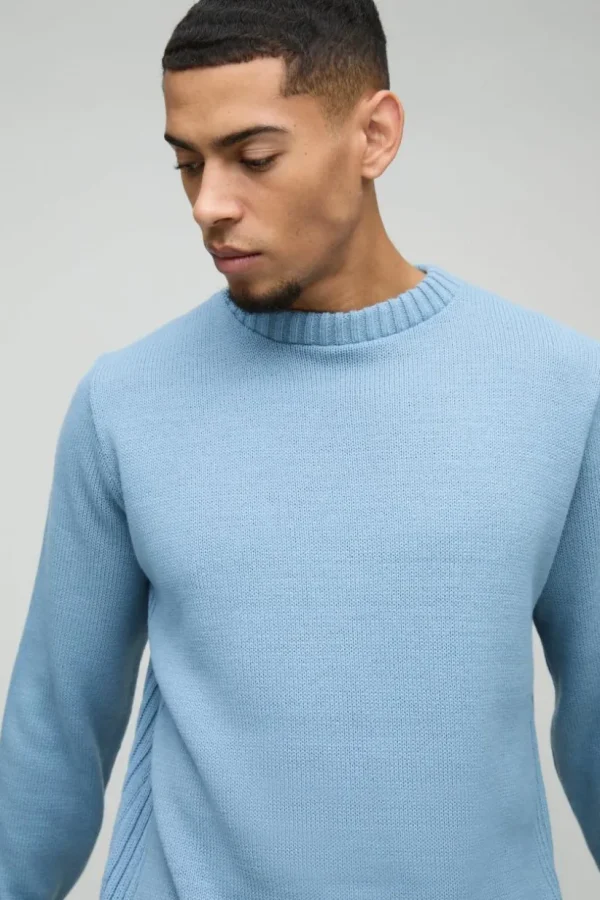 boohooMAN Regular Fit Ribbed Panel Crew Knitted Jumper | Knitwear | Going Out Knitwear