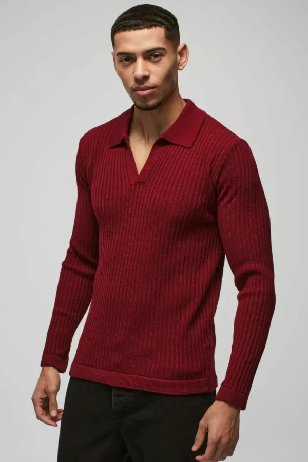 boohooMAN Regular Fit Ribbed V Neck Collar Knitted Polo | Going Out Polo Shirts | Knitwear