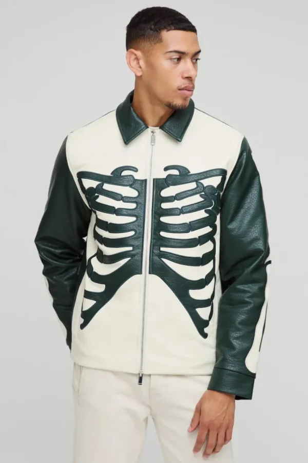 boohooMAN Regular Fit Tumbled PU Skeleton Applique Harrington Jacket | Coats & Jackets