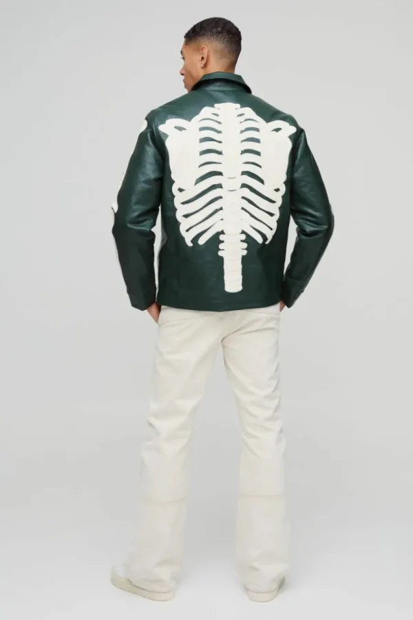 boohooMAN Regular Fit Tumbled PU Skeleton Applique Harrington Jacket | Coats & Jackets