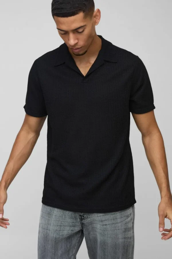 boohooMAN Regular Fit Waffle Revere Polo | Going Out Polo Shirts